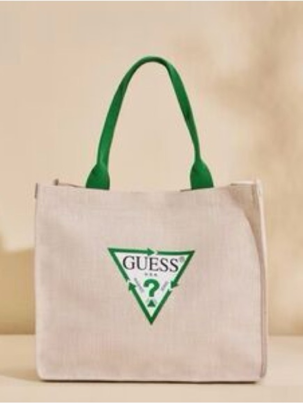 Guess Natural Canvas Tote with Green Logo